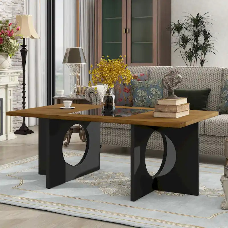 Table basse rectangulaire moderne avec étagère en verre, Noir / Espresso clair, 2 places
