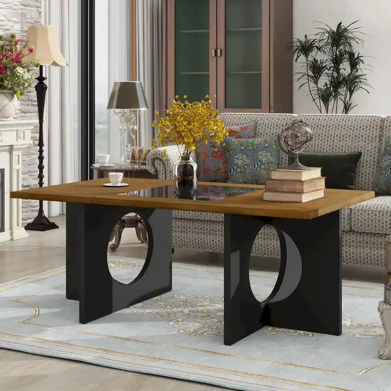 47 Contemporary Wood Rectangular Coffee Table with Clear Tempered Glass Top, Black and Light Espresso Top