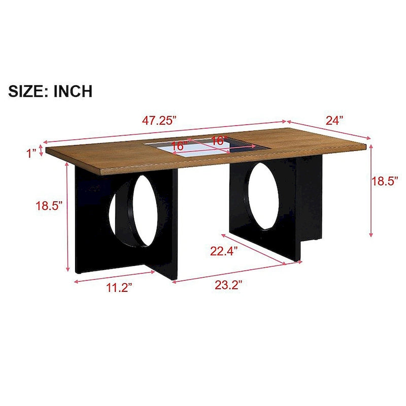 Table basse rectangulaire moderne avec étagère en verre, Noir / Espresso clair, 2 places