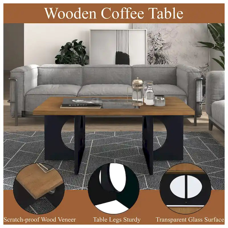 Table basse rectangulaire moderne avec étagère en verre, Noir / Espresso clair, 2 places