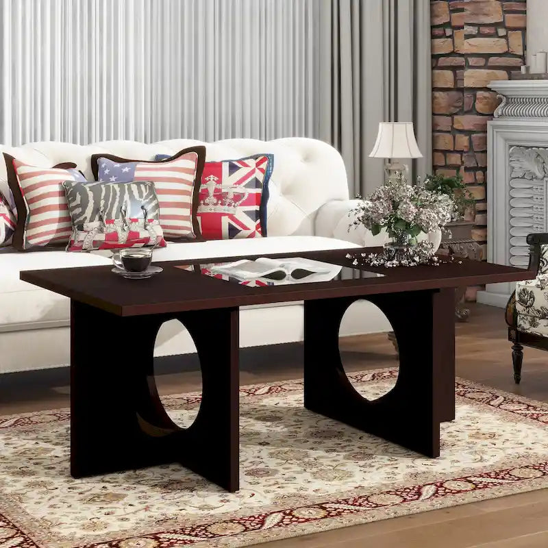 Table basse rectangulaire moderne avec étagère en verre, Noir / Espresso clair, 2 places