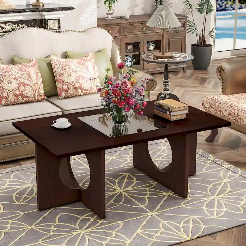 Table basse rectangulaire moderne avec étagère en verre, Noir / Espresso clair, 2 places