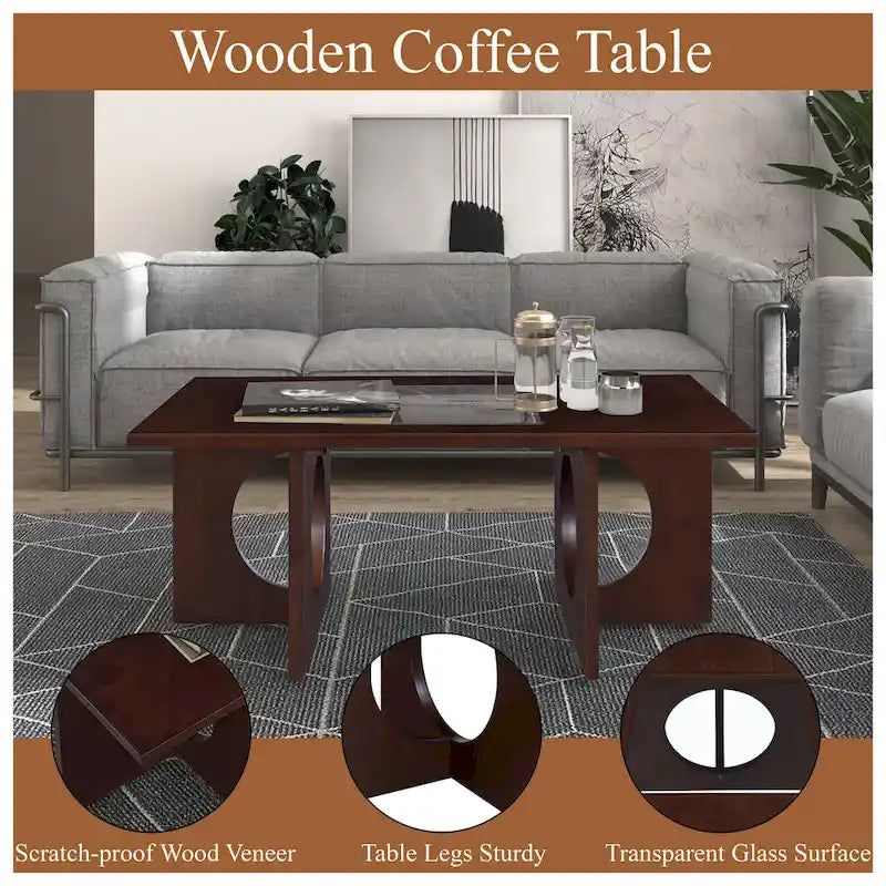 Table basse rectangulaire moderne avec étagère en verre, Noir / Espresso clair, 2 places