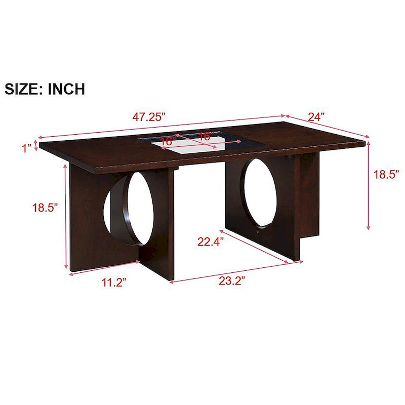 Table basse rectangulaire moderne avec étagère en verre, Noir / Espresso clair, 2 places