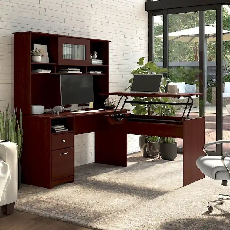 Cerisier Harvest / Chêne Espresso / Gris Cendré / Gris Bruyère / Gris Moderne / Blanc – Bureau d'angle assis-debout 60W avec huche, 1 personne