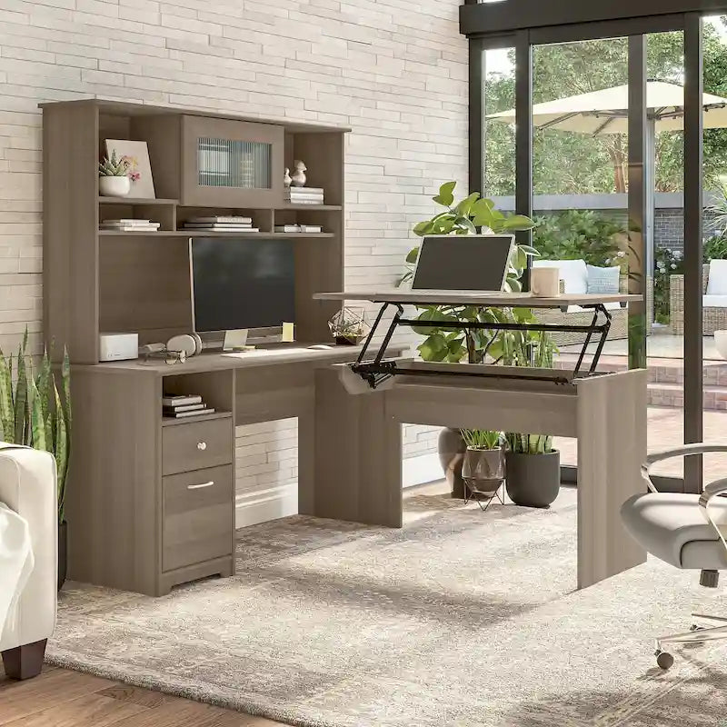 Cerisier Harvest / Chêne Espresso / Gris Cendré / Gris Bruyère / Gris Moderne / Blanc – Bureau d'angle assis-debout 60W avec huche, 1 personne