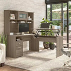 Cerisier Harvest / Chêne Espresso / Gris Cendré / Gris Bruyère / Gris Moderne / Blanc – Bureau d'angle assis-debout 60W avec huche, 1 personne