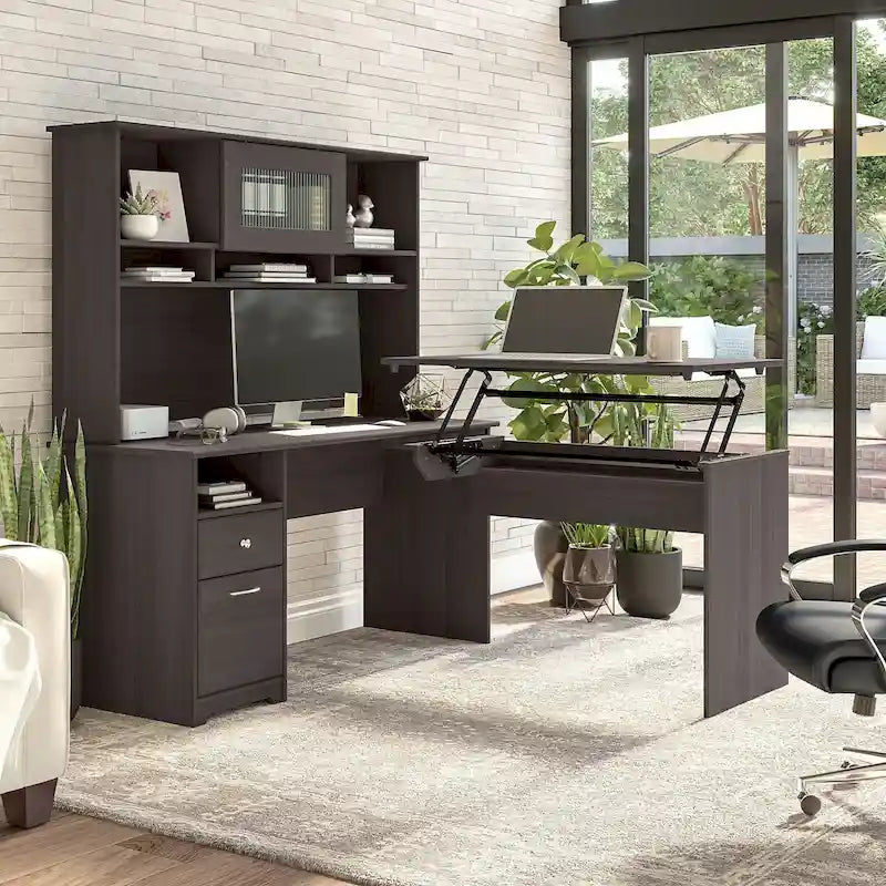 Cerisier Harvest / Chêne Espresso / Gris Cendré / Gris Bruyère / Gris Moderne / Blanc – Bureau d'angle assis-debout 60W avec huche, 1 personne