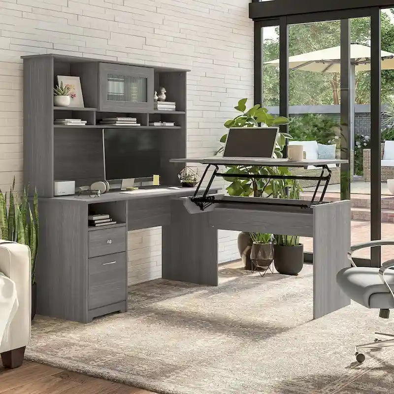 Cerisier Harvest / Chêne Espresso / Gris Cendré / Gris Bruyère / Gris Moderne / Blanc – Bureau d'angle assis-debout 60W avec huche, 1 personne