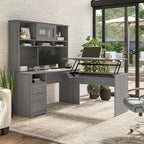 Cerisier Harvest / Chêne Espresso / Gris Cendré / Gris Bruyère / Gris Moderne / Blanc – Bureau d'angle assis-debout 60W avec huche, 1 personne