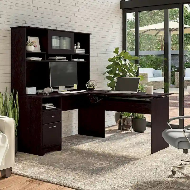 Cerisier Harvest / Chêne Espresso / Gris Cendré / Gris Bruyère / Gris Moderne / Blanc – Bureau d'angle assis-debout 60W avec huche, 1 personne