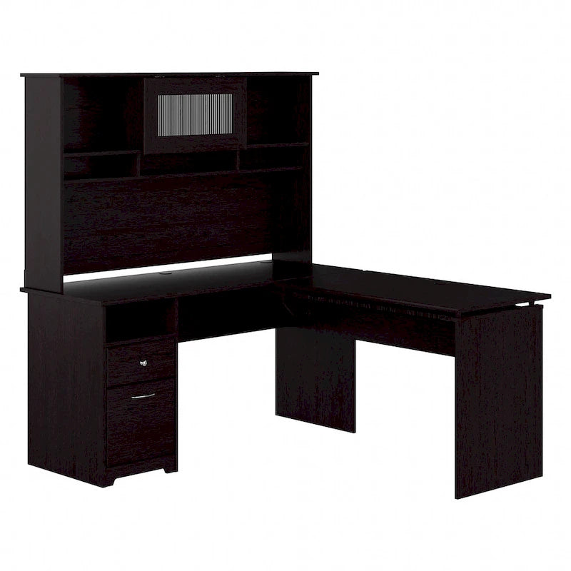 Cerisier Harvest / Chêne Espresso / Gris Cendré / Gris Bruyère / Gris Moderne / Blanc – Bureau d'angle assis-debout 60W avec huche, 1 personne