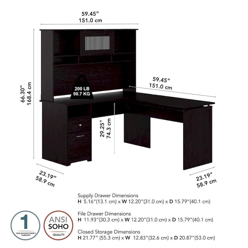 Cerisier Harvest / Chêne Espresso / Gris Cendré / Gris Bruyère / Gris Moderne / Blanc – Bureau d'angle assis-debout 60W avec huche, 1 personne
