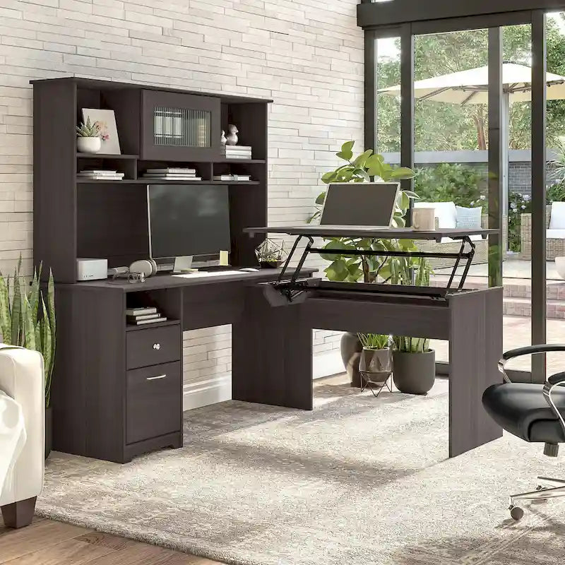 Cerisier Harvest / Chêne Espresso / Gris Cendré / Gris Bruyère / Gris Moderne / Blanc – Bureau d'angle assis-debout 60W avec huche, 1 personne