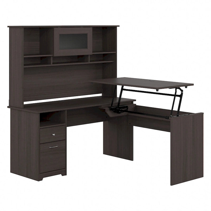 Cerisier Harvest / Chêne Espresso / Gris Cendré / Gris Bruyère / Gris Moderne / Blanc – Bureau d'angle assis-debout 60W avec huche, 1 personne