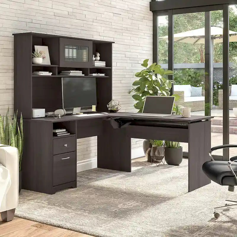 Cerisier Harvest / Chêne Espresso / Gris Cendré / Gris Bruyère / Gris Moderne / Blanc – Bureau d'angle assis-debout 60W avec huche, 1 personne