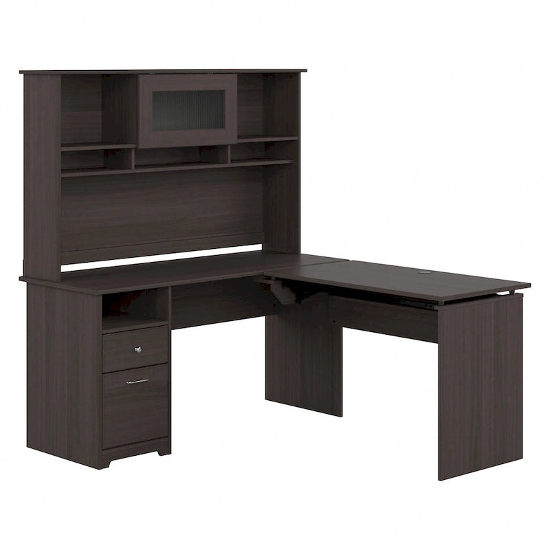 Cerisier Harvest / Chêne Espresso / Gris Cendré / Gris Bruyère / Gris Moderne / Blanc – Bureau d'angle assis-debout 60W avec huche, 1 personne