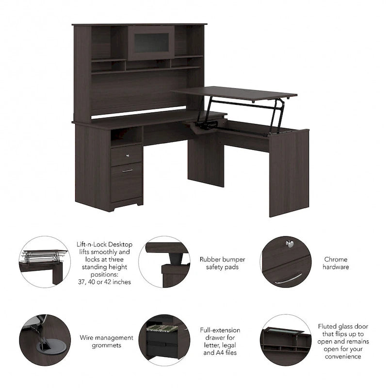 Cerisier Harvest / Chêne Espresso / Gris Cendré / Gris Bruyère / Gris Moderne / Blanc – Bureau d'angle assis-debout 60W avec huche, 1 personne