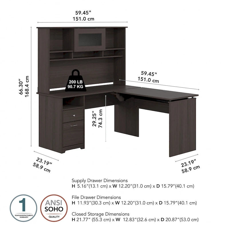 Cerisier Harvest / Chêne Espresso / Gris Cendré / Gris Bruyère / Gris Moderne / Blanc – Bureau d'angle assis-debout 60W avec huche, 1 personne