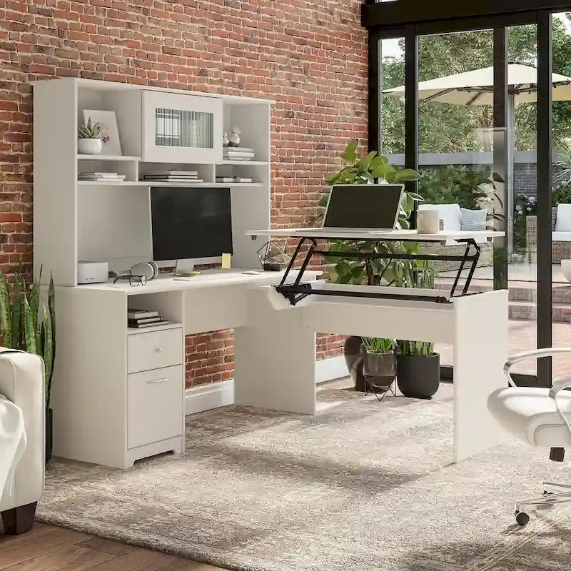 Cerisier Harvest / Chêne Espresso / Gris Cendré / Gris Bruyère / Gris Moderne / Blanc – Bureau d'angle assis-debout 60W avec huche, 1 personne