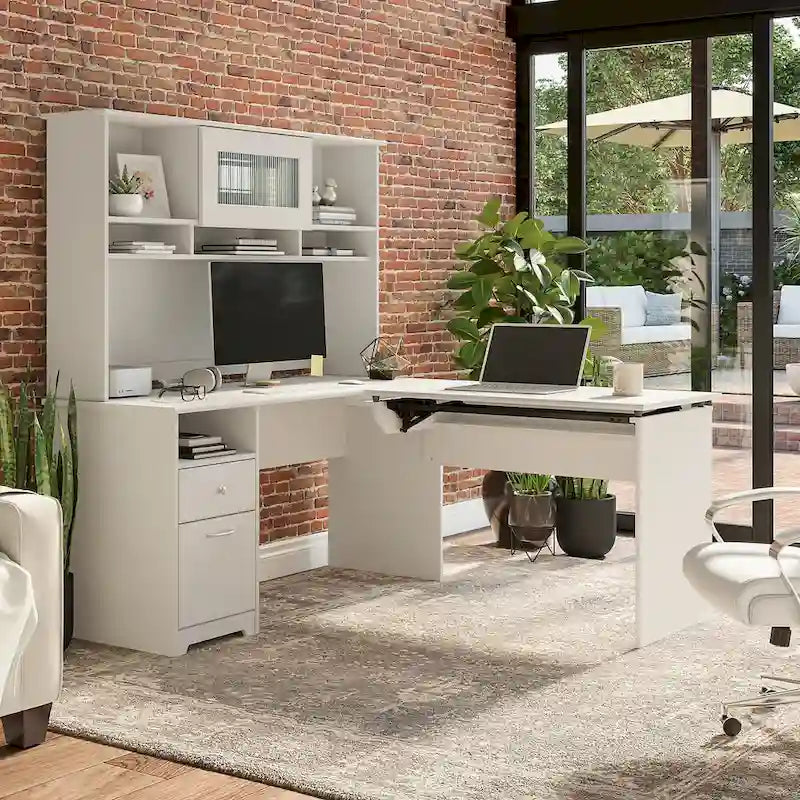 Cerisier Harvest / Chêne Espresso / Gris Cendré / Gris Bruyère / Gris Moderne / Blanc – Bureau d'angle assis-debout 60W avec huche, 1 personne