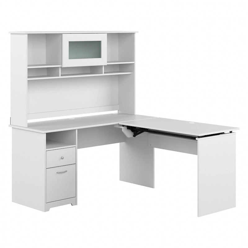 Cerisier Harvest / Chêne Espresso / Gris Cendré / Gris Bruyère / Gris Moderne / Blanc – Bureau d'angle assis-debout 60W avec huche, 1 personne