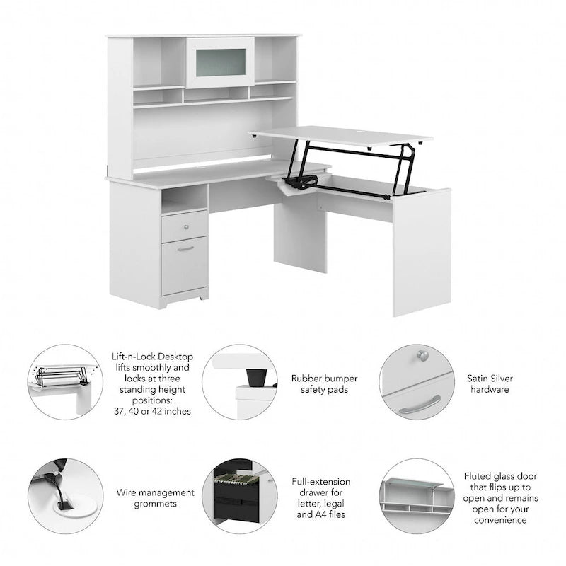 Cerisier Harvest / Chêne Espresso / Gris Cendré / Gris Bruyère / Gris Moderne / Blanc – Bureau d'angle assis-debout 60W avec huche, 1 personne