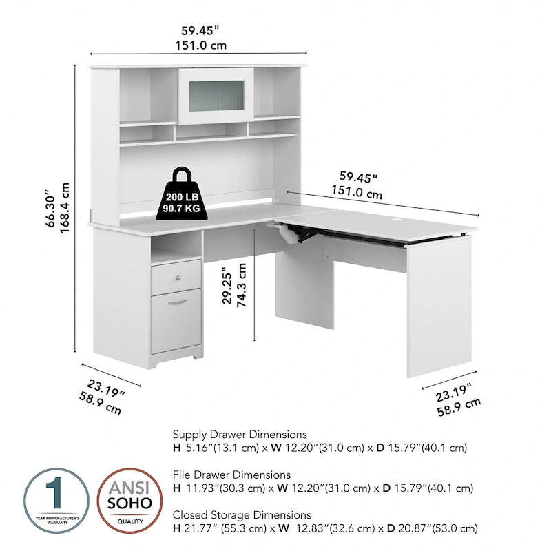 Cerisier Harvest / Chêne Espresso / Gris Cendré / Gris Bruyère / Gris Moderne / Blanc – Bureau d'angle assis-debout 60W avec huche, 1 personne