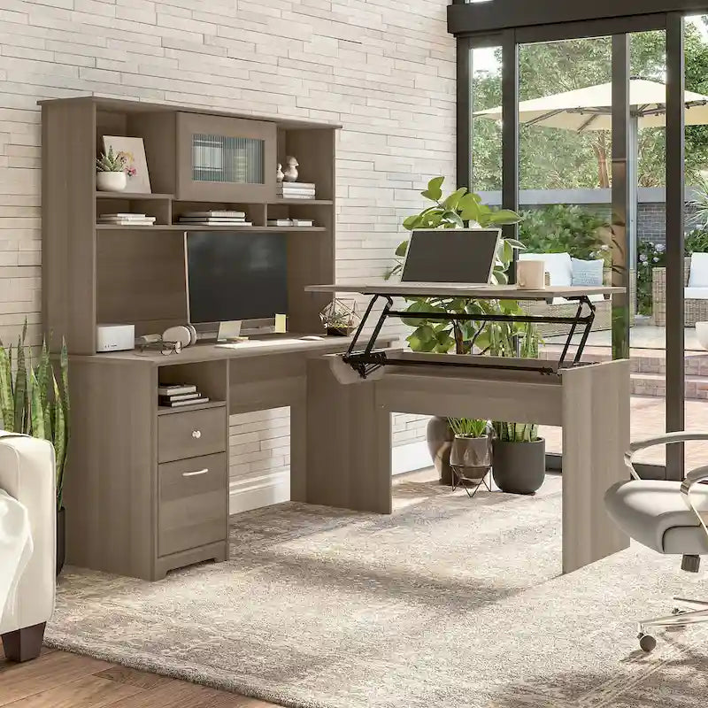 Cerisier Harvest / Chêne Espresso / Gris Cendré / Gris Bruyère / Gris Moderne / Blanc – Bureau d'angle assis-debout 60W avec huche, 1 personne