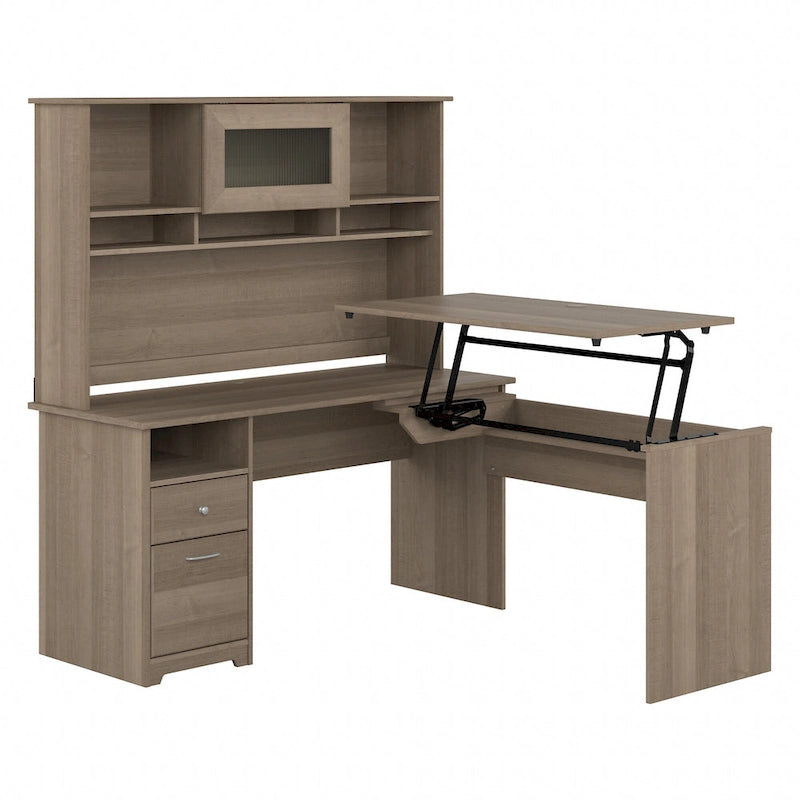 Cerisier Harvest / Chêne Espresso / Gris Cendré / Gris Bruyère / Gris Moderne / Blanc – Bureau d'angle assis-debout 60W avec huche, 1 personne
