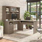 Cerisier Harvest / Chêne Espresso / Gris Cendré / Gris Bruyère / Gris Moderne / Blanc – Bureau d'angle assis-debout 60W avec huche, 1 personne