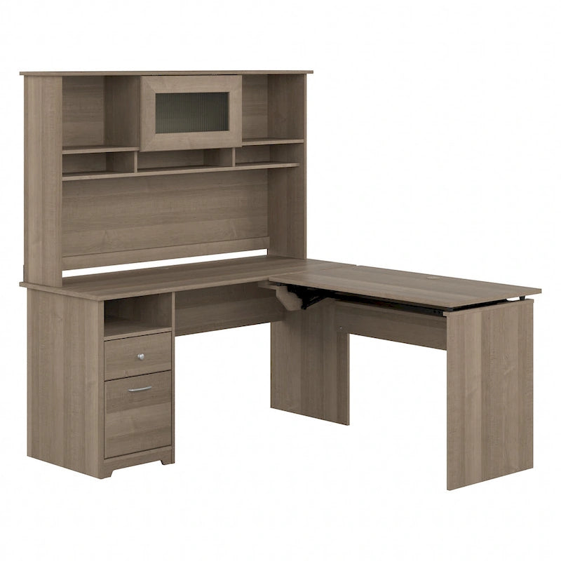 Cerisier Harvest / Chêne Espresso / Gris Cendré / Gris Bruyère / Gris Moderne / Blanc – Bureau d'angle assis-debout 60W avec huche, 1 personne