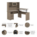 Cerisier Harvest / Chêne Espresso / Gris Cendré / Gris Bruyère / Gris Moderne / Blanc – Bureau d'angle assis-debout 60W avec huche, 1 personne