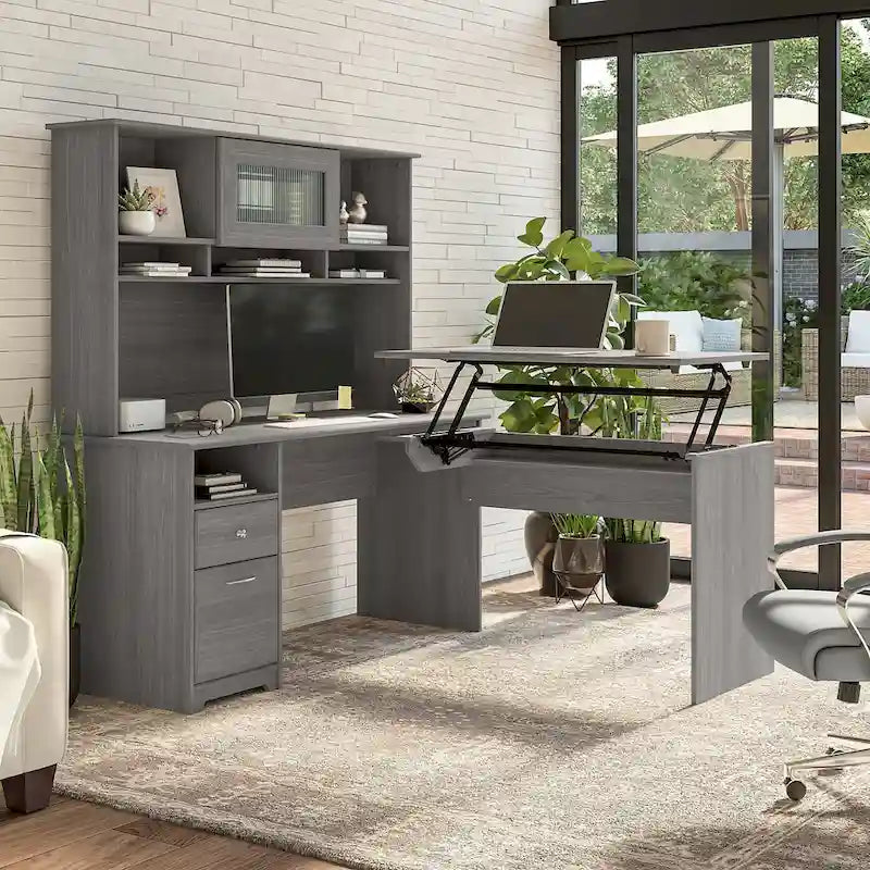 Cerisier Harvest / Chêne Espresso / Gris Cendré / Gris Bruyère / Gris Moderne / Blanc – Bureau d'angle assis-debout 60W avec huche, 1 personne