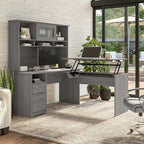 Cerisier Harvest / Chêne Espresso / Gris Cendré / Gris Bruyère / Gris Moderne / Blanc – Bureau d'angle assis-debout 60W avec huche, 1 personne