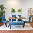 Ensemble de salle à manger 6 pièces, beige/bleu/gris, pieds épingle, 6 places