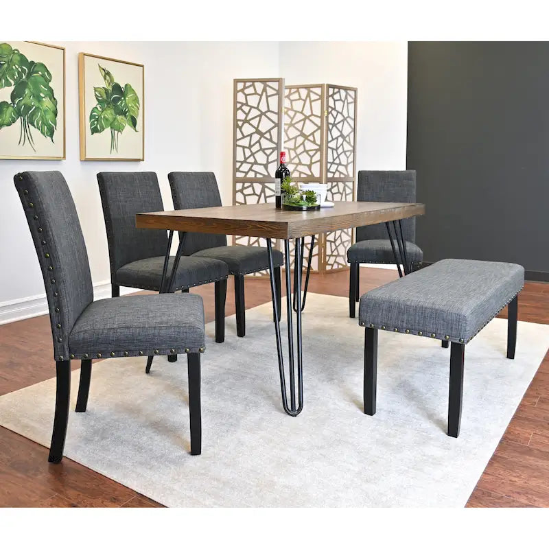 Ensemble de salle à manger 6 pièces, beige/bleu/gris, pieds épingle, 6 places