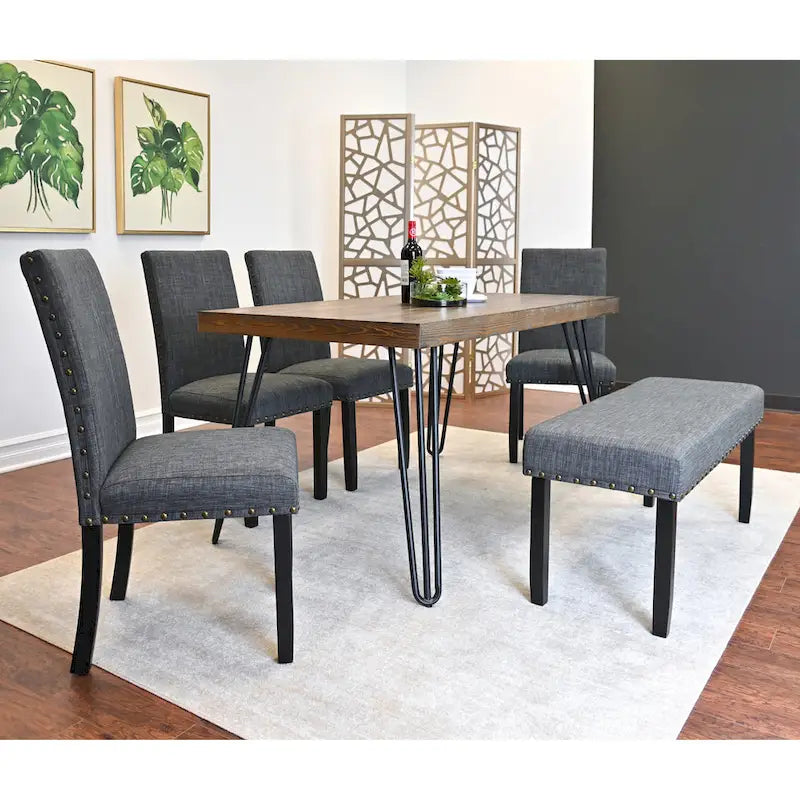 Ensemble de salle à manger 6 pièces, beige/bleu/gris, pieds épingle, 6 places