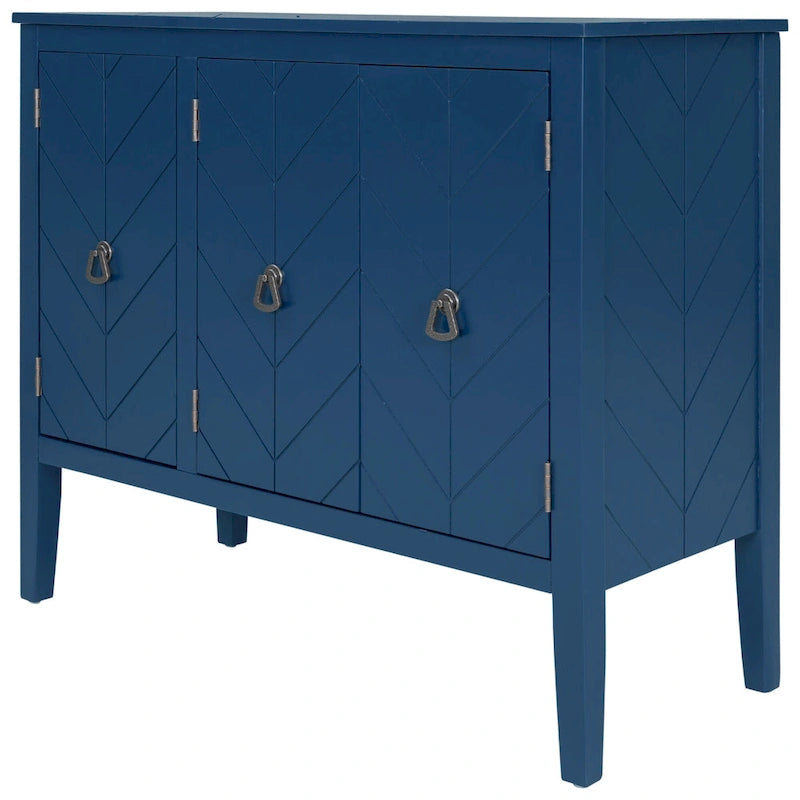 Bahut à 3 portes avec étagères réglables et poignées en métal, coloris marron / bleu marine / gris