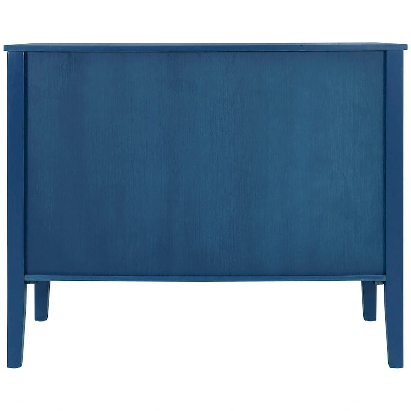 Bahut à 3 portes avec étagères réglables et poignées en métal, coloris marron / bleu marine / gris