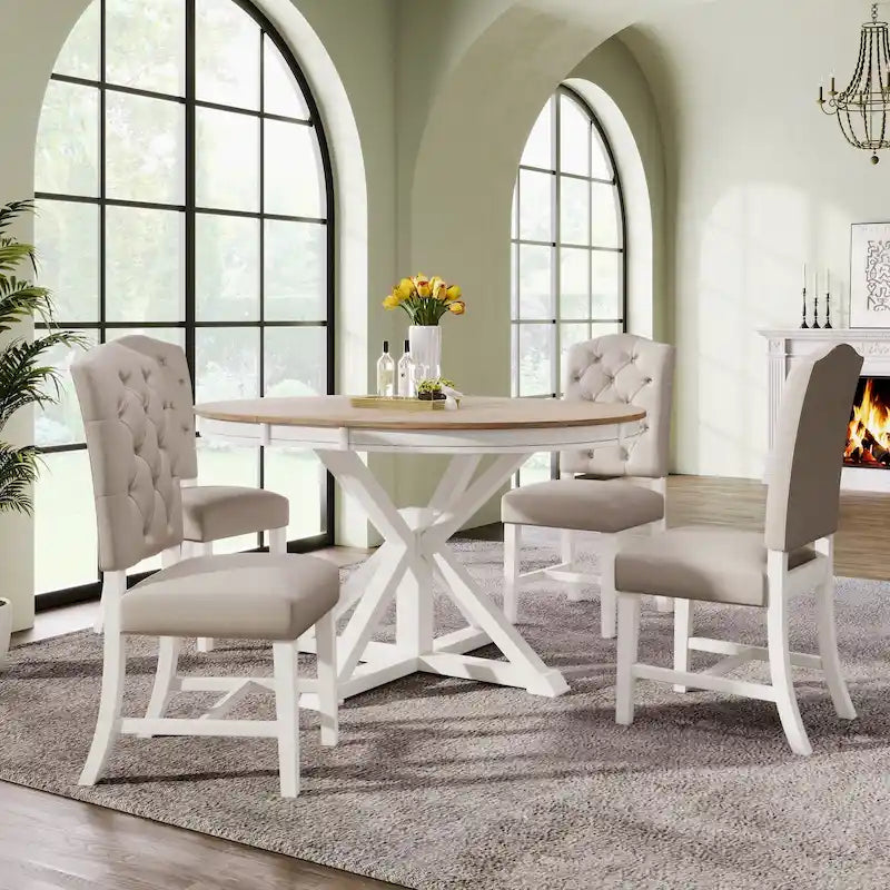 Ensemble de table à manger extensible, finition bois naturel / espresso / chêne + blanc cassé, 5 pièces, jusqu'à 6 places assises