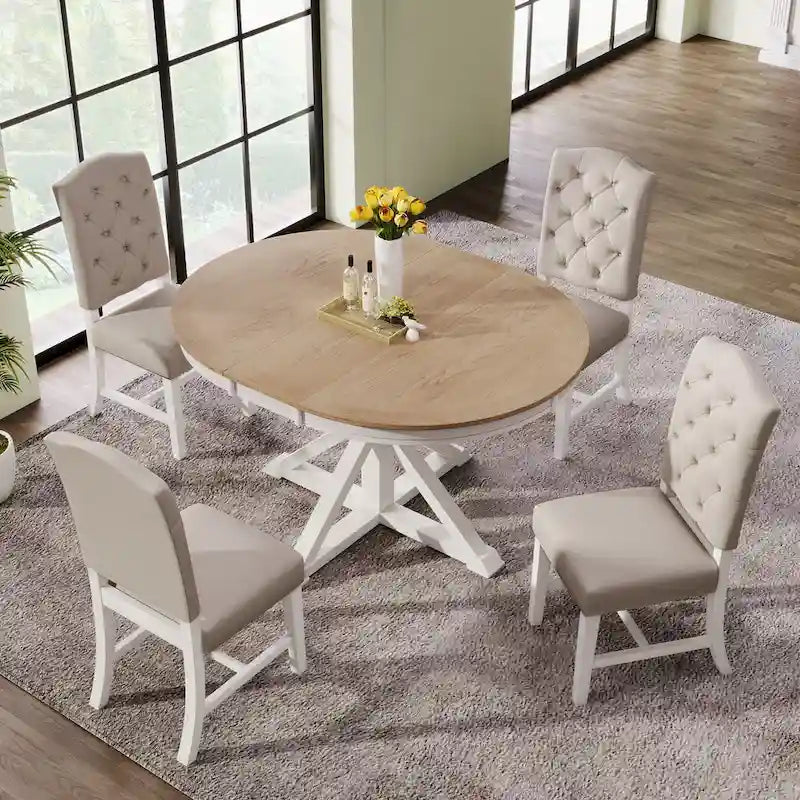 Ensemble de table à manger extensible, finition bois naturel / espresso / chêne + blanc cassé, 5 pièces, jusqu'à 6 places assises