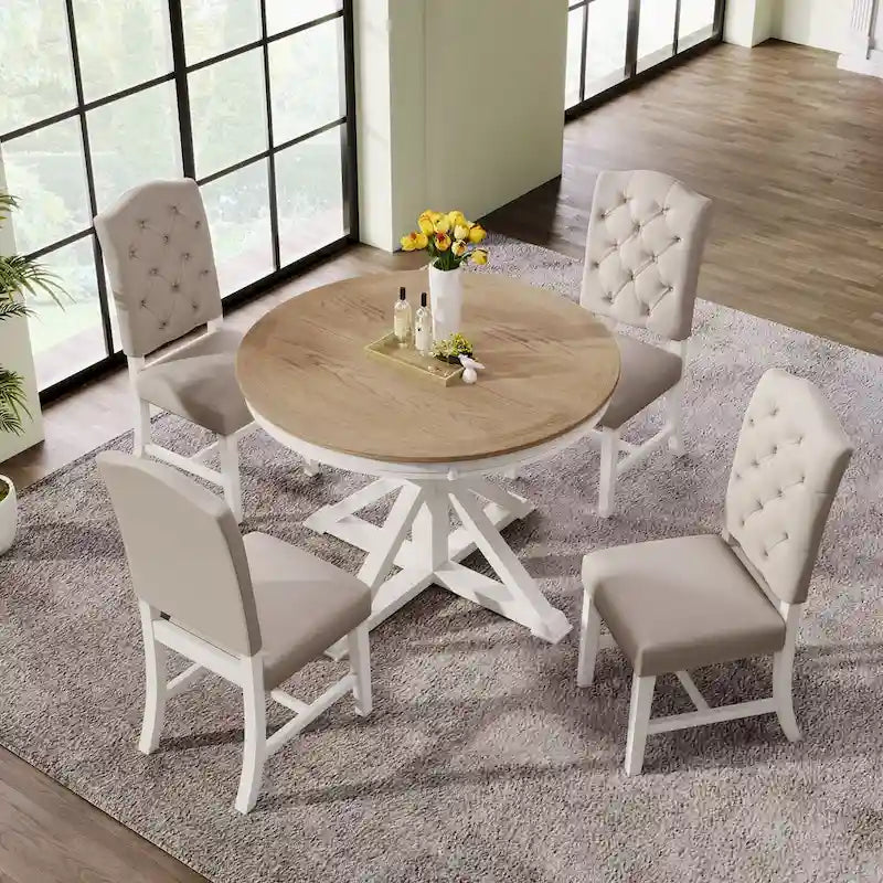 Ensemble de table à manger extensible, finition bois naturel / espresso / chêne + blanc cassé, 5 pièces, jusqu'à 6 places assises