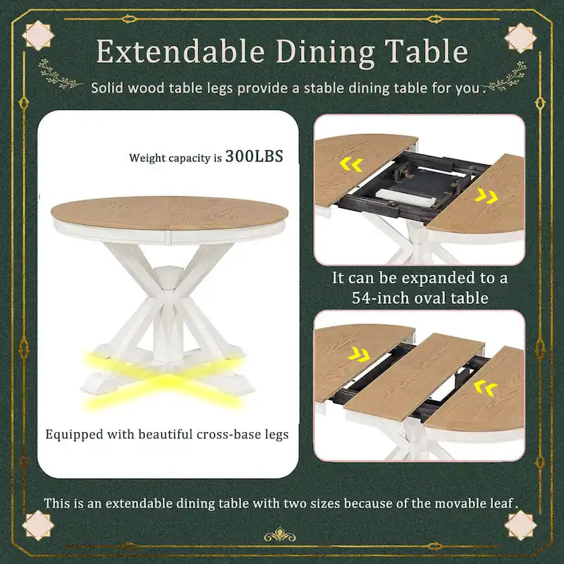 Ensemble de table à manger extensible, finition bois naturel / espresso / chêne + blanc cassé, 5 pièces, jusqu'à 6 places assises