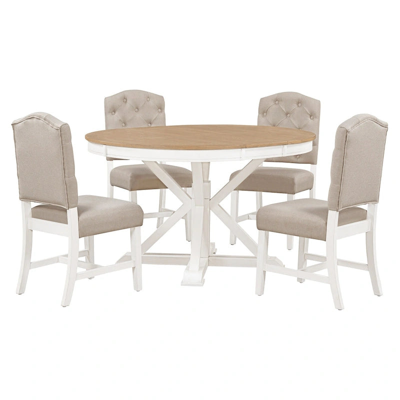 Ensemble de table à manger extensible, finition bois naturel / espresso / chêne + blanc cassé, 5 pièces, jusqu'à 6 places assises