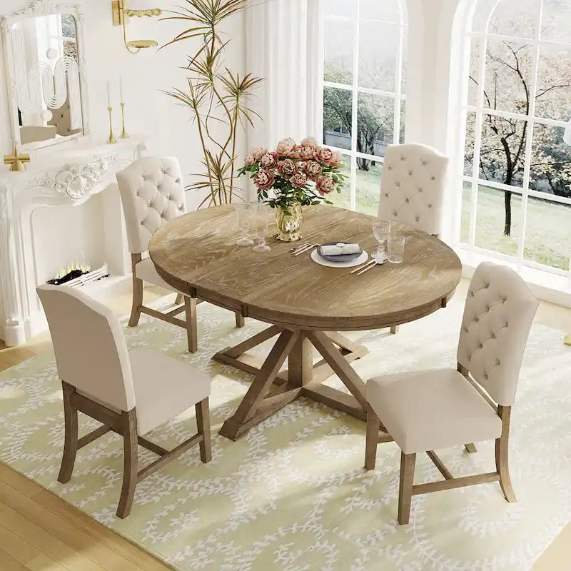 Ensemble de table à manger extensible, finition bois naturel / espresso / chêne + blanc cassé, 5 pièces, jusqu'à 6 places assises