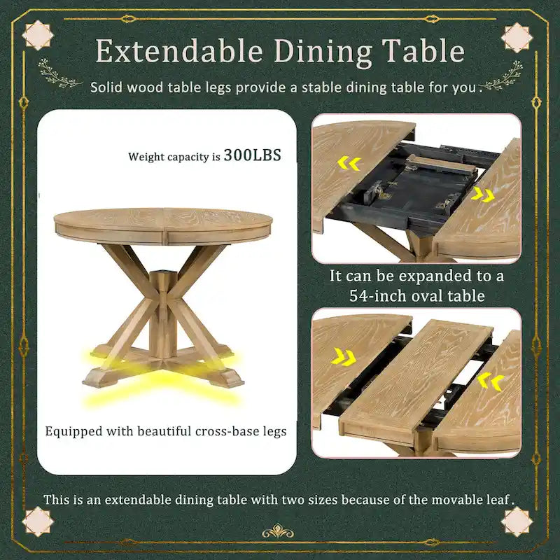 Ensemble de table à manger extensible, finition bois naturel / espresso / chêne + blanc cassé, 5 pièces, jusqu'à 6 places assises