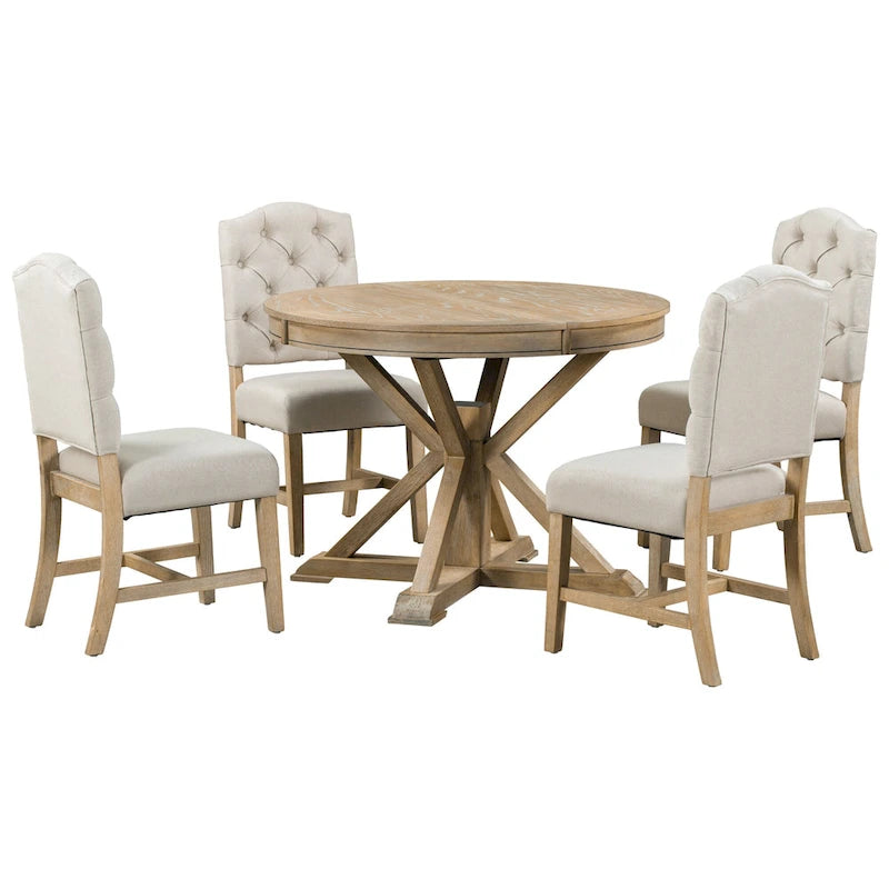 Ensemble de table à manger extensible, finition bois naturel / espresso / chêne + blanc cassé, 5 pièces, jusqu'à 6 places assises