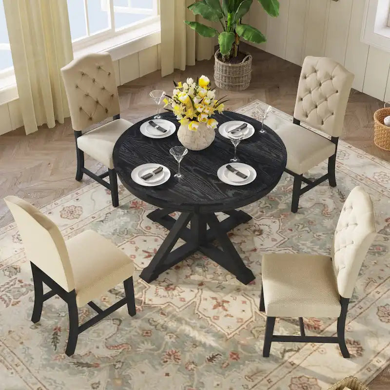 Ensemble de table à manger extensible, finition bois naturel / espresso / chêne + blanc cassé, 5 pièces, jusqu'à 6 places assises