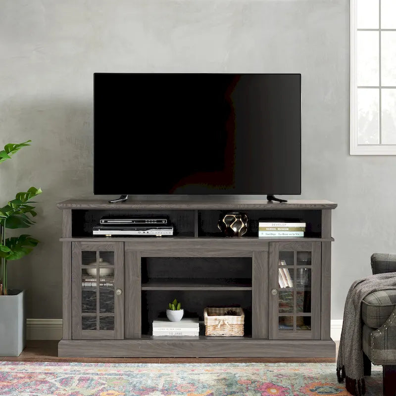 Meuble TV Noir et Noyer Foncé avec Étagères Ouvertes et Placards, Convient aux TV Jusqu'à 65 po